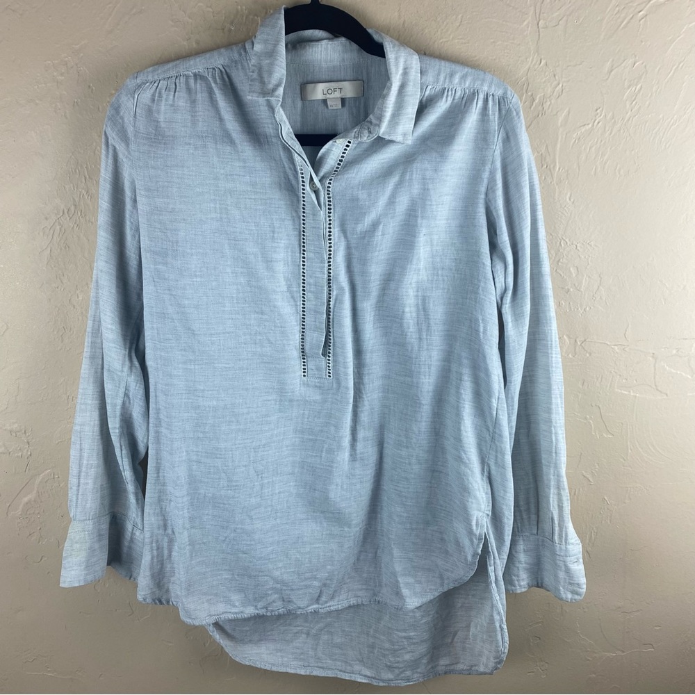 Loft Gray Henley Blouse Lightweight Long Sleeve Top Shirt XS